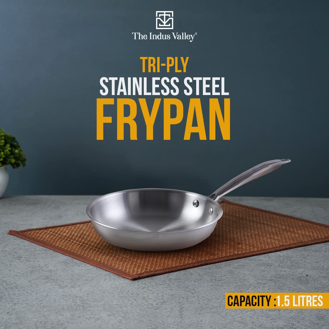 Triply Stainless Steel Fry Pan With Handle - Small, 22cm, 8.7 Inch, 1.5 Liters, 0.9 Kg | Induction Friendly, Nonstick 3-Layer Body, 100% Pure & Toxin-Free, No Chemical Coating