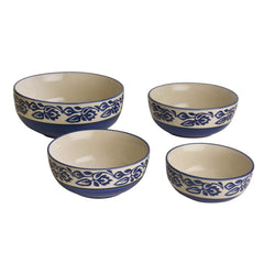 Studio Pottery Hand Painted Dinner Serving Bowl Set Of 4 - 1200ml, 650ml, 450ml & 250ml, Blue | Dinner Serving Donga Set - Stackable Kitchen Bowl Set