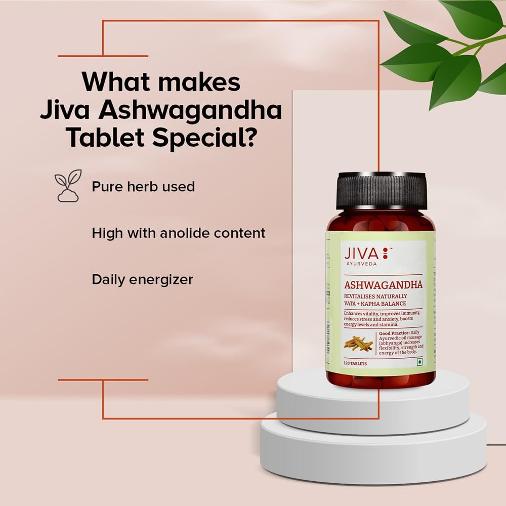 Jiva Ashwagandha Tablet 100% Ayurvedic Formulation Boosts Immunity & Energy Level, Strengthens Nervous System, Reduces Stress & Anxiety | 120 Tablets 200gm 0.4lbs Each Pack Of 3
