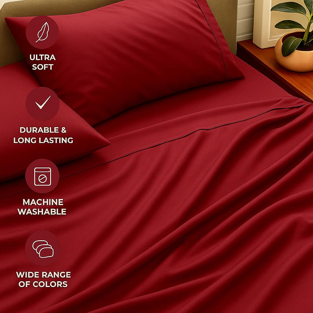Double Bedsheet For Queen Size With 2 Matching Pillow Cover - 90 X 100 Inches, Burgundy | Breathable & Durable, Soft Touch & Perfect For All Seasons