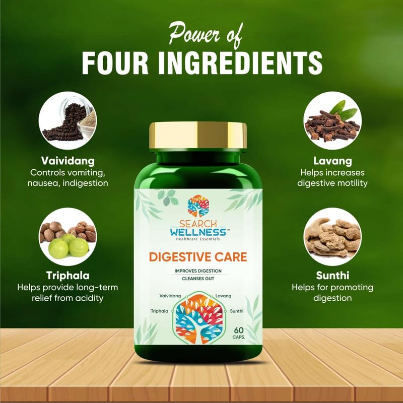 Search Wellness Digestive Care Natural & Herbal Capsules For Better Digestive Function & Healthy Gut, Ayurvedic Medicine For Healthy Digestion & Boost Immunity | 60 Capsules, 100gm 0.2lbs