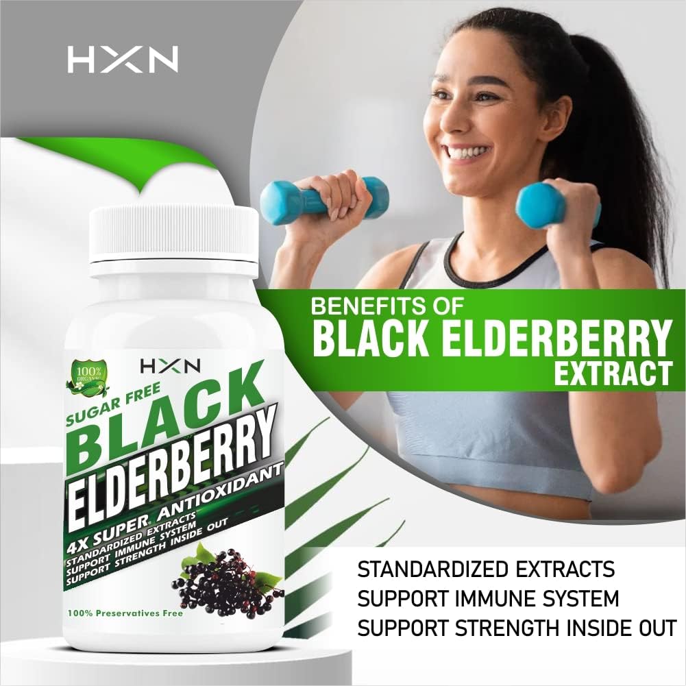 Hxn Elderberry Extract With Zinc, Vitamin C & Ginger Extract, Organic Black Sambucus Elderberry Supplement For Antioxidant, And Immunity Support Supplement | 60 Tablets 100gm 0.2lbs