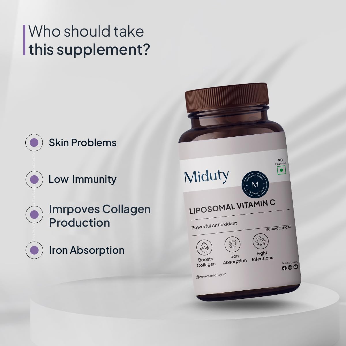 Miduty Liposomal Vitamin C Supplement Bioavailability, Antioxidant Vitamin, Skin Rejuvenation & Immunity Booster Body Detoxification Zeal Technology | 90 Capsules , 150gm 0.3lbs