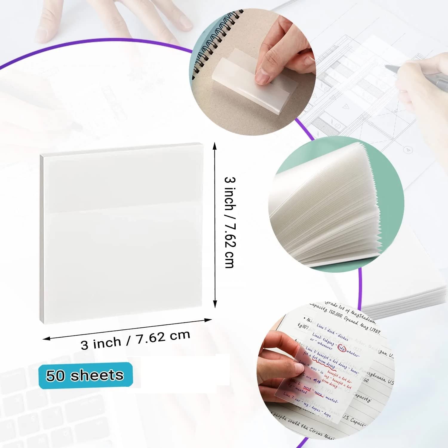50 Sheets Transparent Sticky Notes Set 3 X 3 Inch | Material Office Stationery - Pack Of 1 Pcs