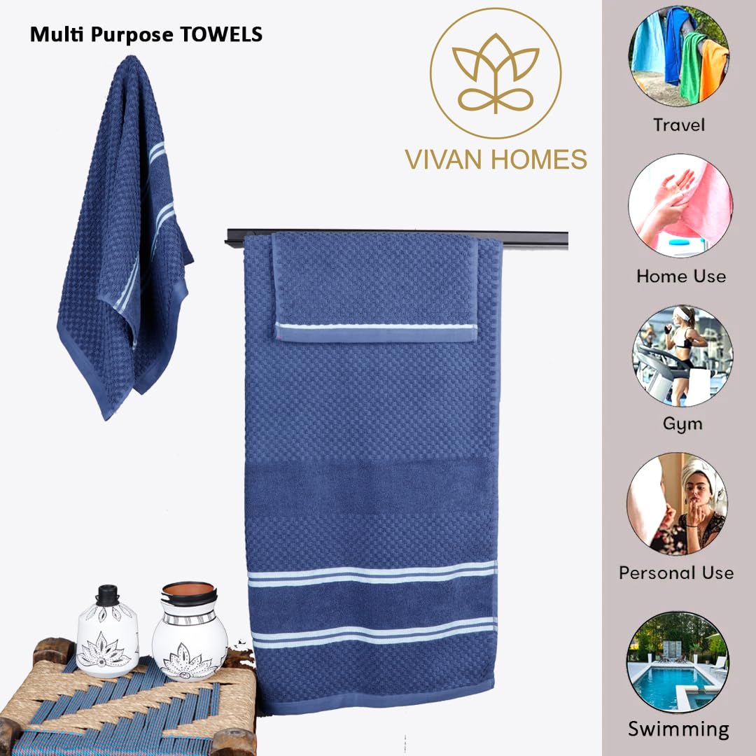 Vivan Homes 100% Cotton Bath, Hand & Face Towel 900 Gsm | Soft & Absorbent Ultra Soft & Quick Dry Bath Towels For Men Women Towel Set - Blue (Set Of 3)