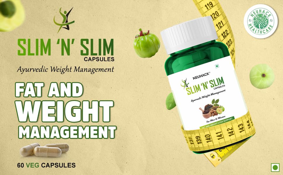 Neuhack Slim N Slim Weight & Fat Management Ayurvedic Veg Capsules With Garcinia Combogia, Pure Plant-based, Natural Being Gelatin - Free & Cruelty - Free | 60 Capsules 100gm 0.2lbs