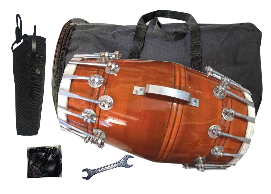 Wooden Musical Dholak With Kit Carry Bag - Musical Instrument Drum Nuts & Bolt | Dholak For Festival, Wedding, Satsang - Very Easy To Tune