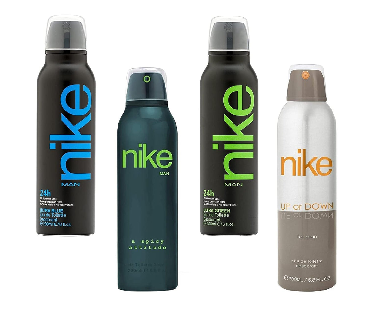 Nike Ultra Blue, Spicy Attitude, Ultra Green & Up Or Down Eau De Toilete Deodorant Body Spray 800ml 27.0 Fl.oz. Pack Of 4 | Perfect Gift Set For Men