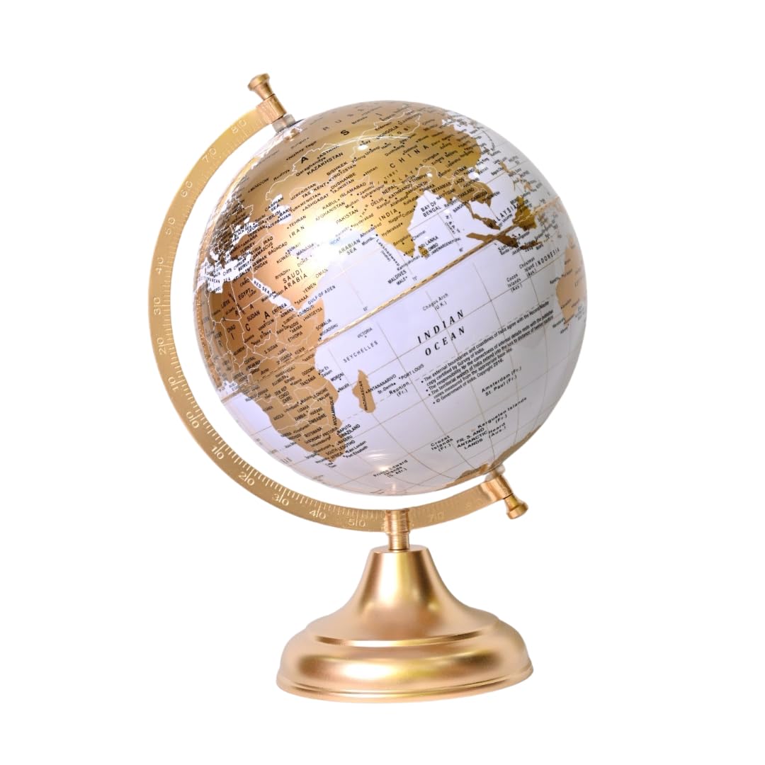Educational World 10" Globe With Heavy Metal Arc & Base For Home Decor & Office, Political Globe For Kids & Students (10" White Gold) Pack Of 1