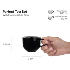 Ceramic Tea Cups Set Of 6 - Black Rim, 200ml Each, Tea Cup Set Of 6 | Premium Stoneware Tea Set With Glossy Finish - Ceramic Tea Cup | Small Cups For Tea - Microwave Safe & Dishwasher Safe
