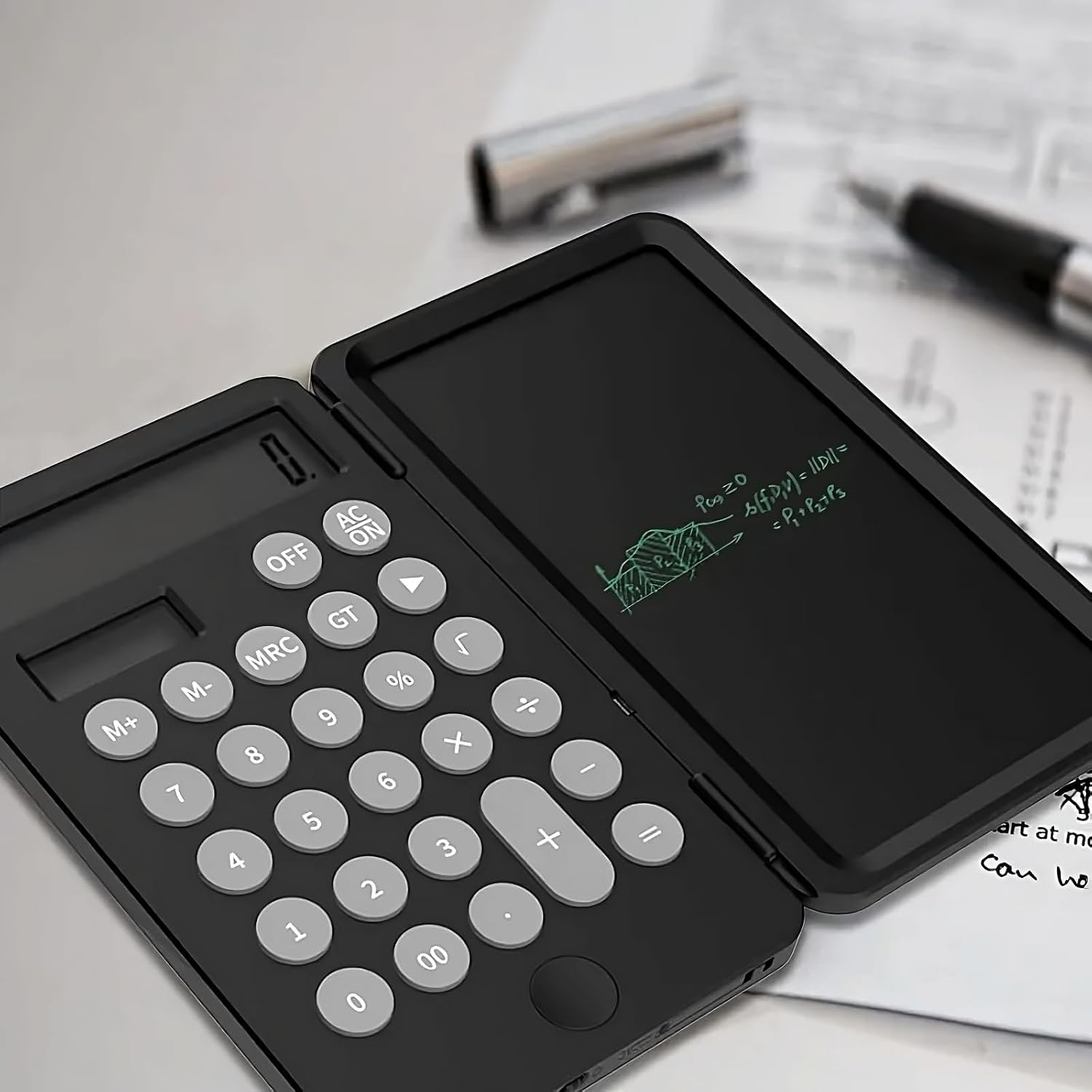 Hastap 2 In 1 Calculator With Erasable LCD Writing Pad Standard 12 Digit Multi-function Dual Battery And Solar Operated Calculators With 6 Inch LCD Writing Board For Students, Professionals (Black)