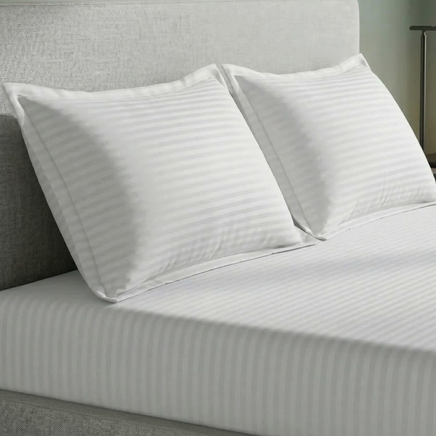 White Stripe Elastic Fitted Double Bedsheet (72x78 Inches) With 2 Pillow Covers | Soft To Touch & Comfortable | 300 Thread Count