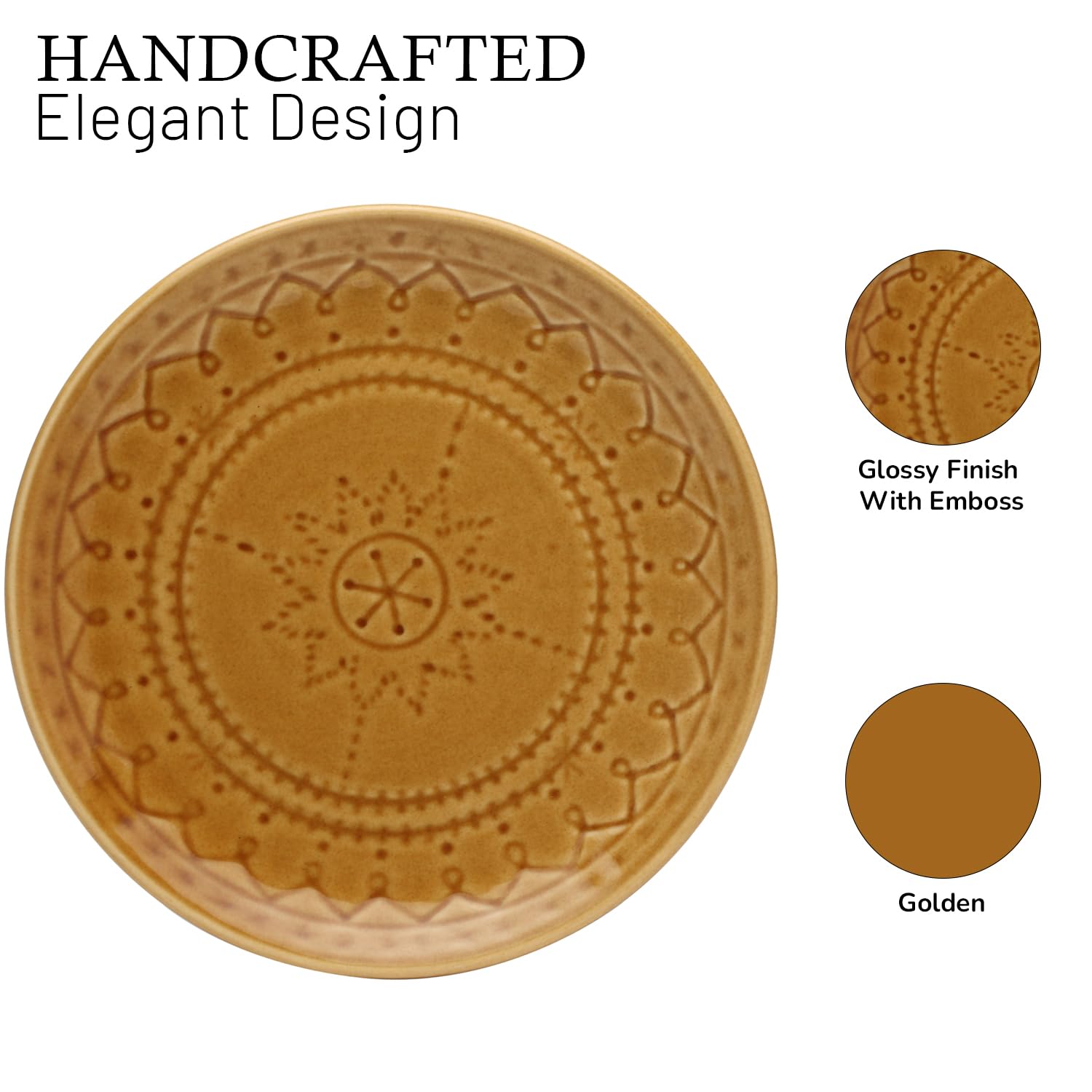 Handcrafted Stoneware Embossed Ceramic Dinner Set Of 4 Pcs - Golden Brown | 2 Dinner Plates + 2 Small Dinner Bowls, 180ml Each - Microwave & Dishwasher Safe
