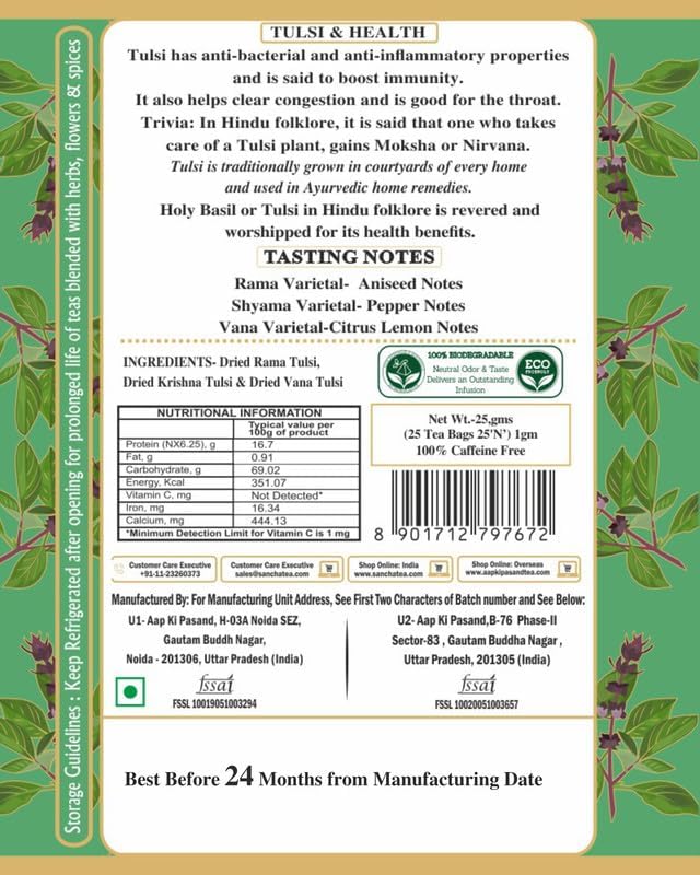 San-Cha Ayurveda Three Tulsi Herbal Tea - 25 Biodegradable Pyramid Tea Bags | Sweet Citrus & Spicy Inner Cleanse Herbal Tea - Zero Caffeine