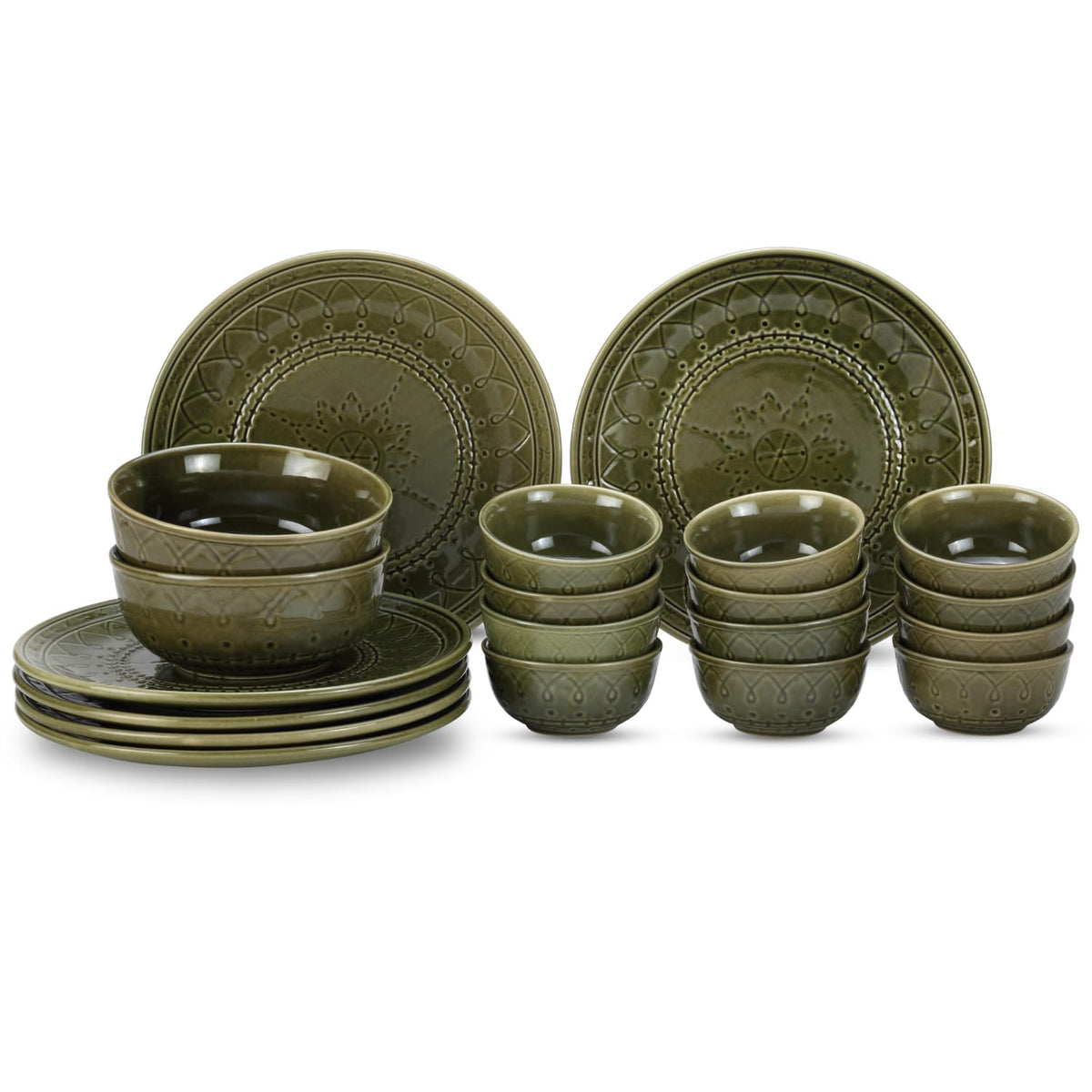 Handcrafted Stoneware Embossed Ceramic Dinner Set Of 20 Pcs With Serving Bowl Set - Moss Green | 6 Dinner Plates+ 12 Small Dinner Bowls, 180ml Each+ 2 Serving Bowl, 1000ml Each | Serving For 6