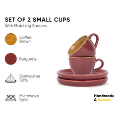 Ceramic Espresso Cup Set Of 2 - 100ml Each, Burgundy | 2 Espresso Cups & 2 Saucers With Glossy Finish - Espresso Cup Ceramic | Espresso Cups Small - Microwave Safe & Dishwasher Safe