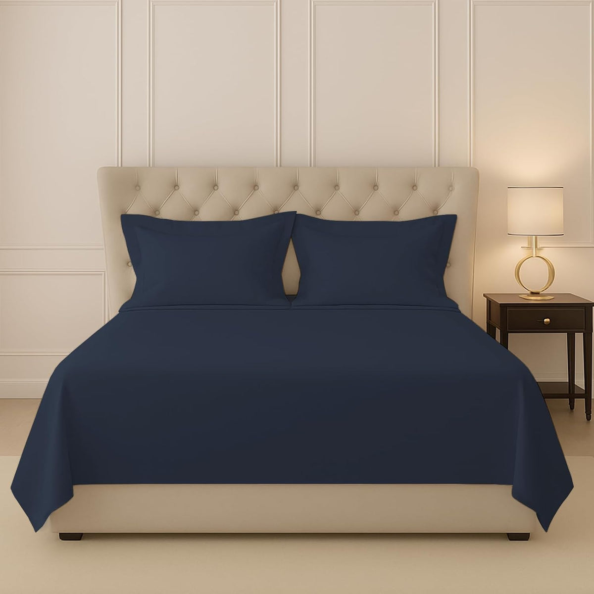 Flat Bedsheet For Double Bed With Two Matching Pillow Cover - 90 X 100 Inches, Dark Blue | Sheets Naturally Breathable & Durable