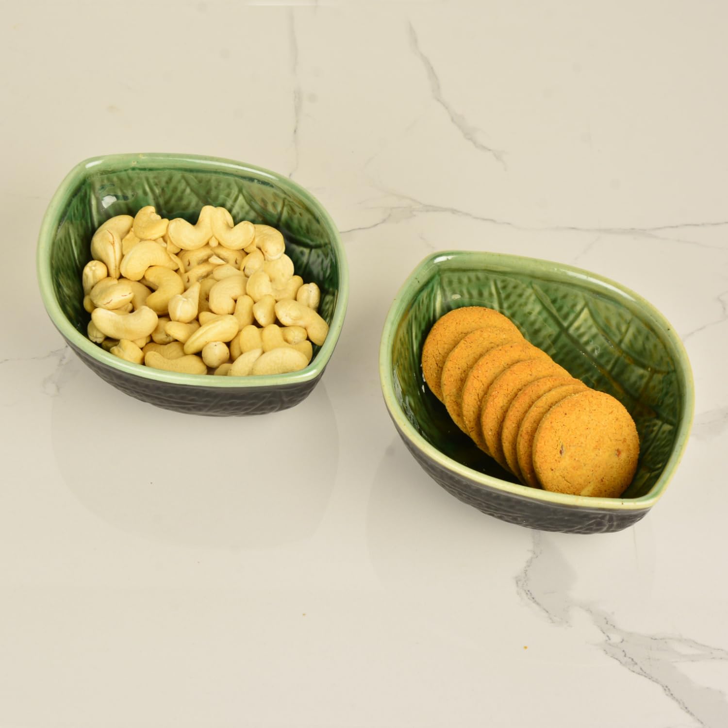 Studio Pottery Almond Shaped Ceramic Nut Bowls Set Of 2 - 450ml Each, Green & Black | Cookies, Dry Fruits, Sweets, Snack Serving Bowls - Party Bowls