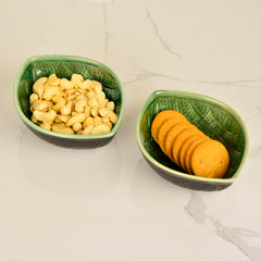 Studio Pottery Almond Shaped Ceramic Nut Bowls Set Of 2 - 450ml Each, Green & Black | Cookies, Dry Fruits, Sweets, Snack Serving Bowls - Party Bowls