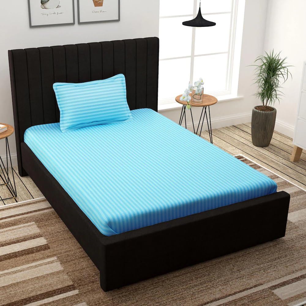 Striped Single Bedsheet With 1 Pillow Cover 60 X 90 Inches, Aqua | Comfortable & Durable | Elegant Printed Bedding Set For Daily Use
