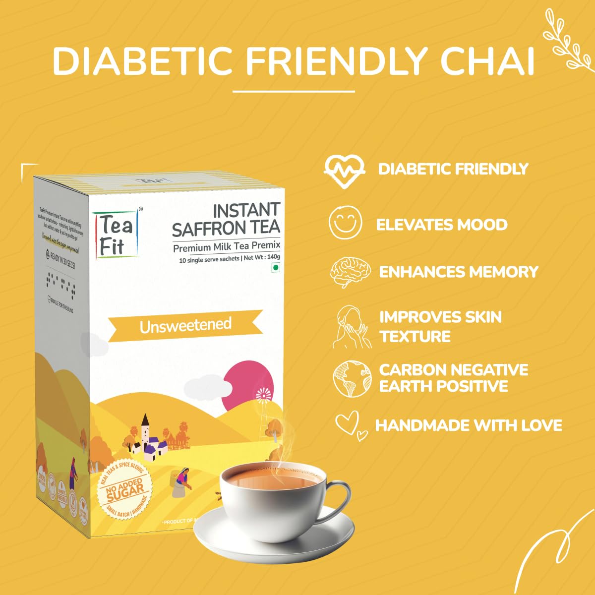 Teafit Unsweetened Instant Saffron Tea Premix - Pack Of 100 Sachets, 1.4 Kg, 49.3 Ounce | Premium Milk Tea Premix, Just Add Water - Strong Home Like Kesar Chai | Low Caffeine