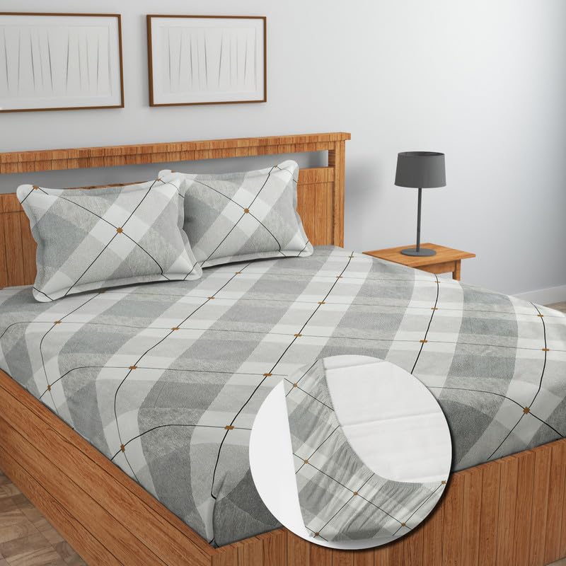 Pure Cotton Full Elastic Fitted Bedsheets For Double King Size Bed With 2 Pillow Covers | 72x78+10 Inches, White & Grey | Super Soft Brushed Glace | Breathable & Wrinkle Free