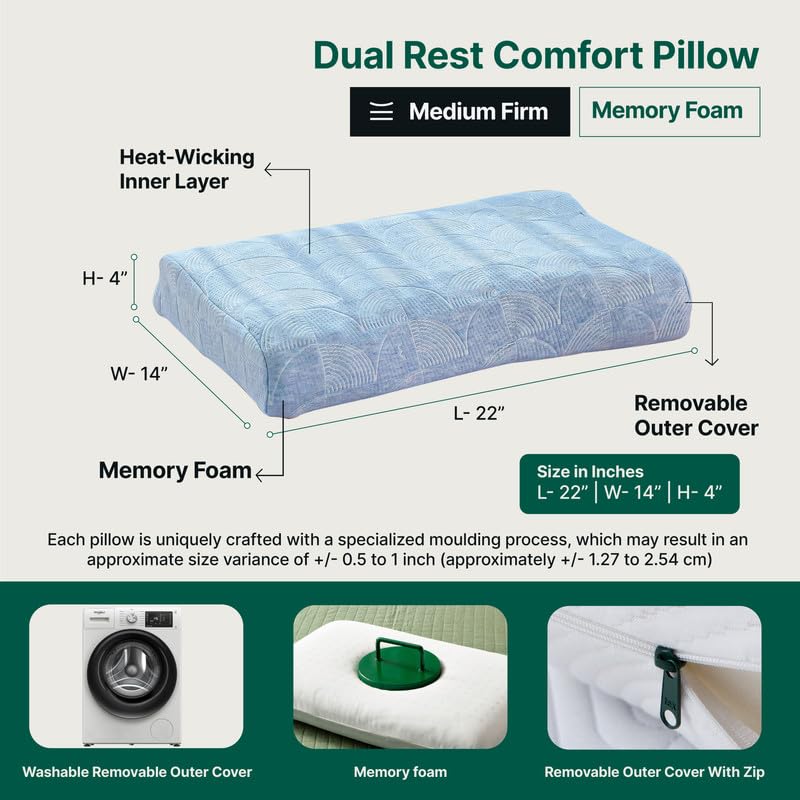 Cervical Orthopedic Memory Foam Bed Pillow For Sleeping, Neck Pain Relief - 23 L X 14 W X 4 H Inch | Extra Neck Support & Removable Cover, Eco-Friendly - Adjustable Pillow