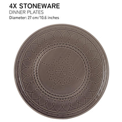 Ceramic Hand Glazed Stoneware Embossed Large Dinner Plates Set Of 4 - 10.6 Inch, Ash Grey | Microwave Safe & Dishwasher Safe