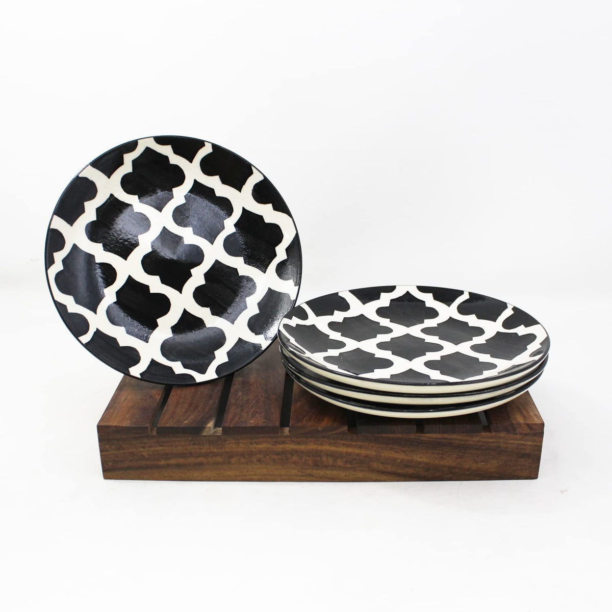 Hand Painted Black Moroccan Ceramic Quarter Plates Set Of 4 | Small Side Plates For Dinner, Snacks - 7 Inch, 4 Pieces, Microwave Safe