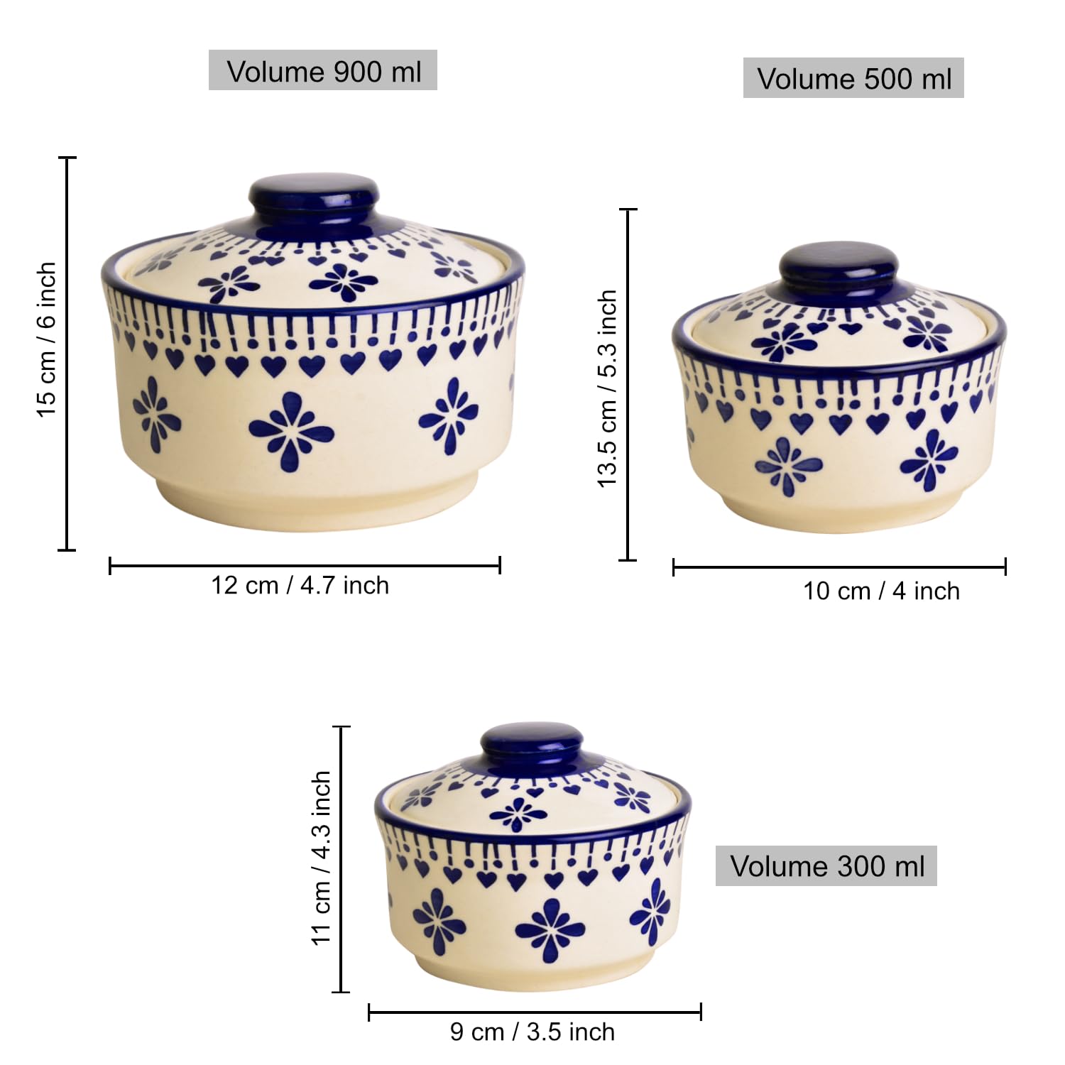 Hand Painted Ceramic Serving Donga With Lid Set Of 3 - Blue & White, 900ml, 500ml & 300ml | Dinner Serving Casserole Set