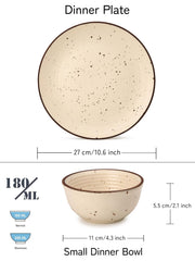 Handcrafted Ceramic Stoneware Dinner Set - Pack Of 12 Pcs, Beige | 4 Dinner Plates, 10.6 Inch Each + 8 Salad Bowl, 180ml Each - Microwave & Dishwasher Safe