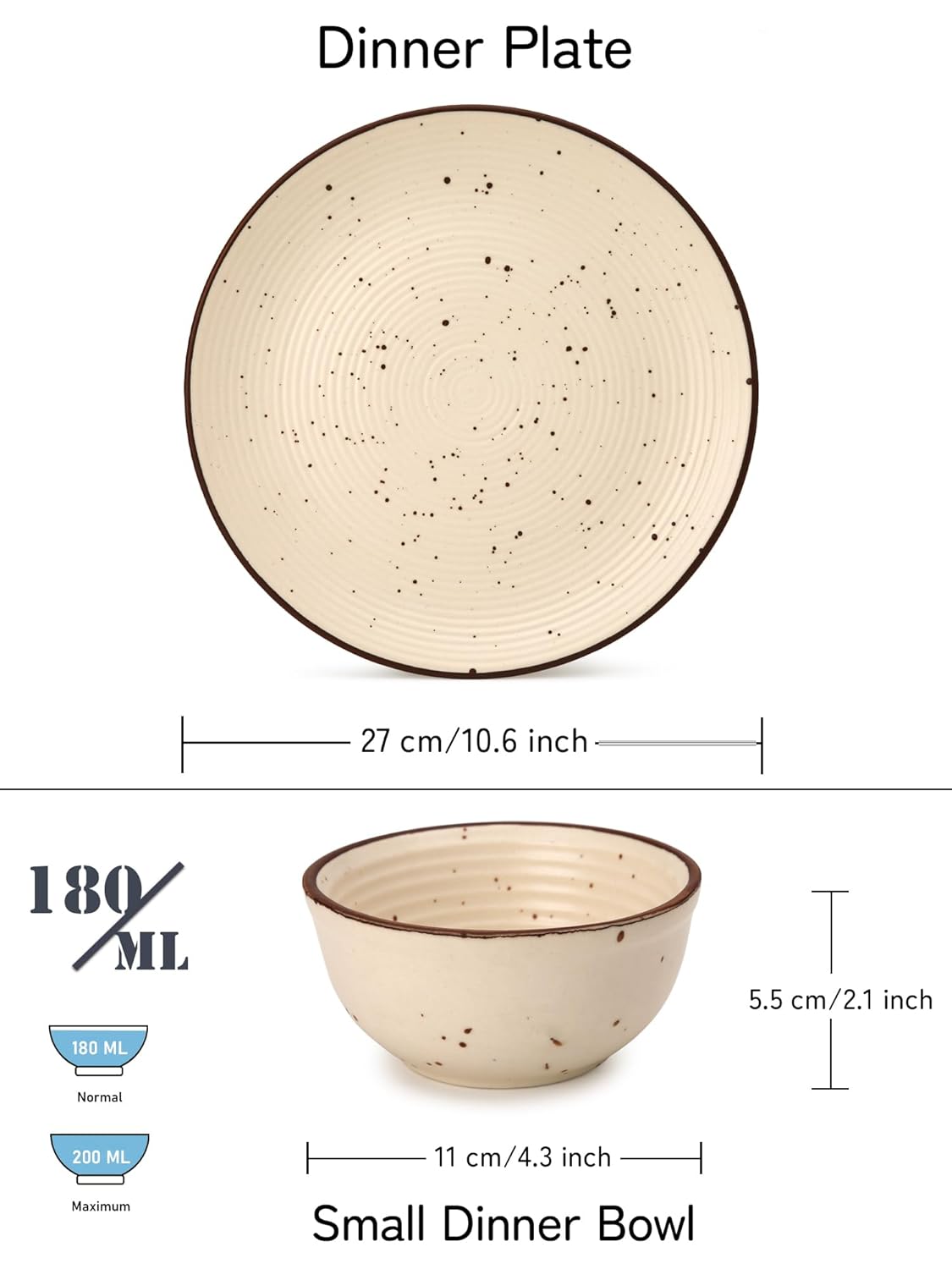 Handcrafted Ceramic Solid Dinner Set Of 12 - Beige | 6 Serving Dinner Plates, 10.6 Inch Each + 6 Small Dinner Bowls, 180ml Each | Stoneware - Dinnerware | Microwave & Dishwasher Safe