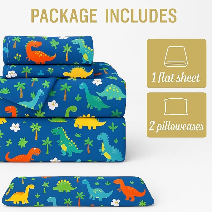 Kids King Size Bedsheet With 2 Pillow Covers - 108 X 108 Inches, Blue | Fun Dinosaur Print - Wrinkle-Free, Comfortable Bedding For Boys & Girls