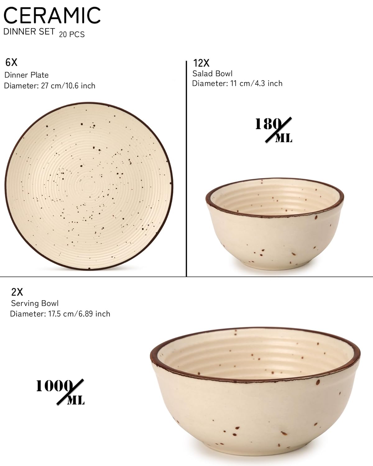 Handcrafted Ceramic Stoneware Dinner Set Of 20 Pcs With Serving Bowl Set, Beige | 6 Dinner Plates, 10.6 Inch Each + 12 Salad Bowl, 180ml Each+ 2 Serving Bowl, 1000ml Each | Serving For 6