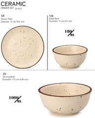 Handcrafted Ceramic Stoneware Dinner Set Of 20 Pcs With Serving Bowl Set, Beige | 6 Dinner Plates, 10.6 Inch Each + 12 Salad Bowl, 180ml Each+ 2 Serving Bowl, 1000ml Each | Serving For 6