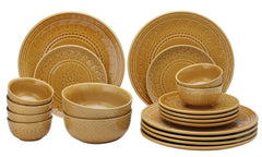 Handcrafted Stoneware Embossed Ceramic Dinner Set Of 20 Pcs With Serving Bowl Set - Golden Brown | 6 Dinner Plates+ 6 Small Plates+ 6 Small Dinner Bowls, 180ml Each+ 2 Serving Bowl, 1000ml Each