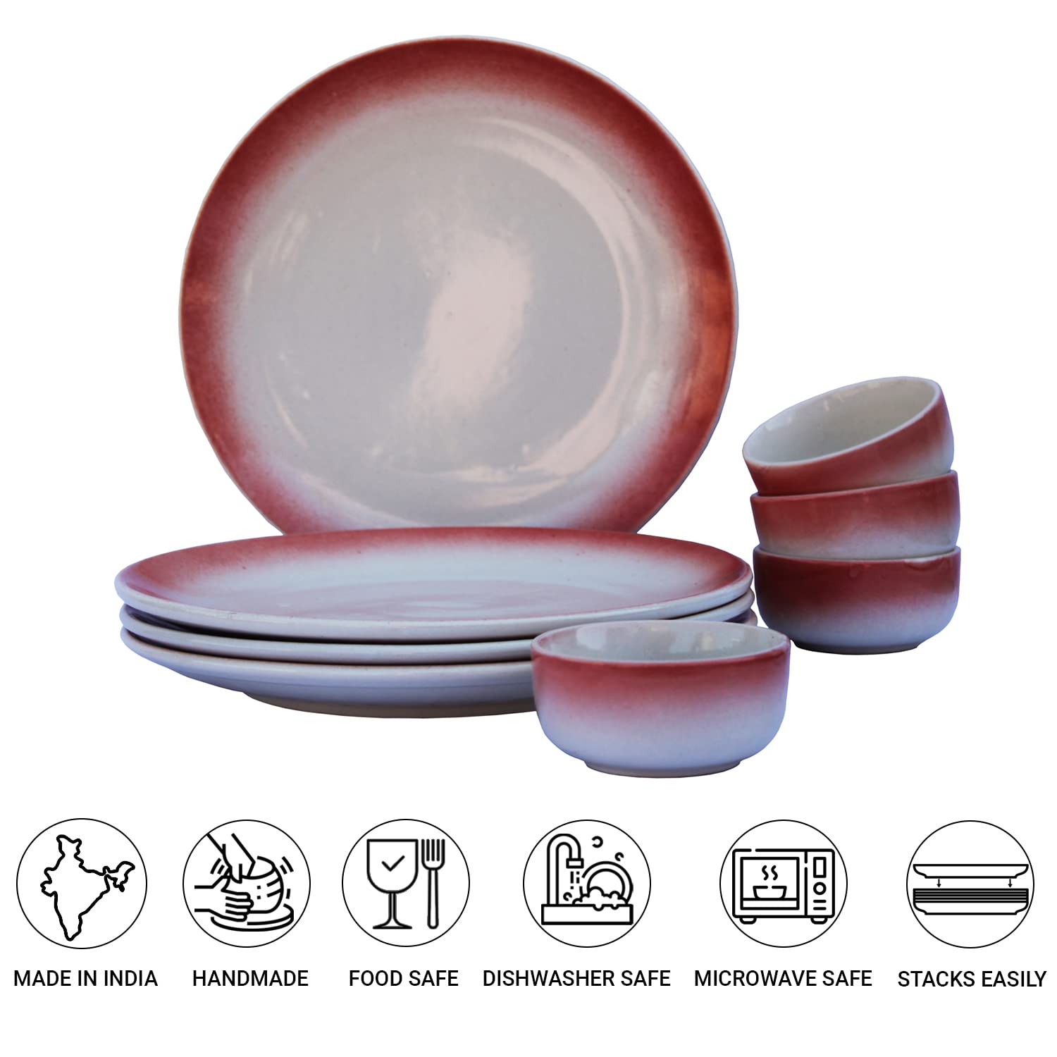 Handcrafted Ceramic Stoneware Dinner Set Of 4 - Ceramic Pack Of 8 Pcs, Red & Off White | 4 Dinner Plates + 4 Bowl Or Katori, 180ml Each - Microwave & Dishwasher Safe | Serving For 4