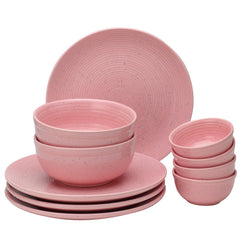 Handcrafted Ceramic Stoneware Dinner Set Of 10 Pcs With Serving Bowl Set - Pastel Pink | 4 Dinner Plates, 10.6 Inch Each + 4 Small Dinner Bowl, 180ml Each+ 2 Serving Bowl, 1000ml Each