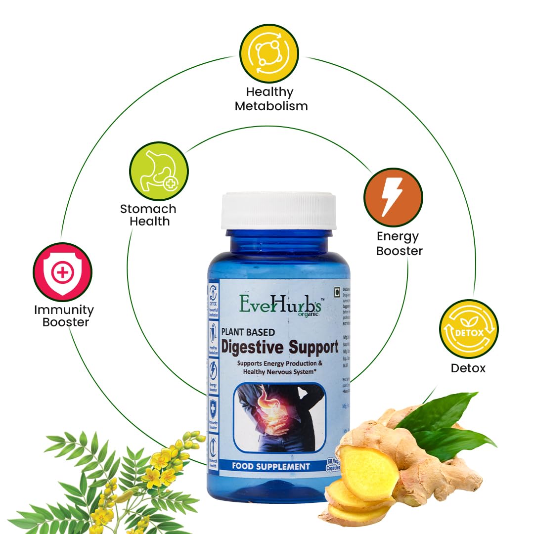 Everhurb's Organic Digestive Health Supplement, 50 Billion Cfu Probiotics, 20 Strains, Multi Enzyme, Supports Gut Health, Reduces Bloating, Acidity | 60 Veg Capsules, 100gm 0.2lbs