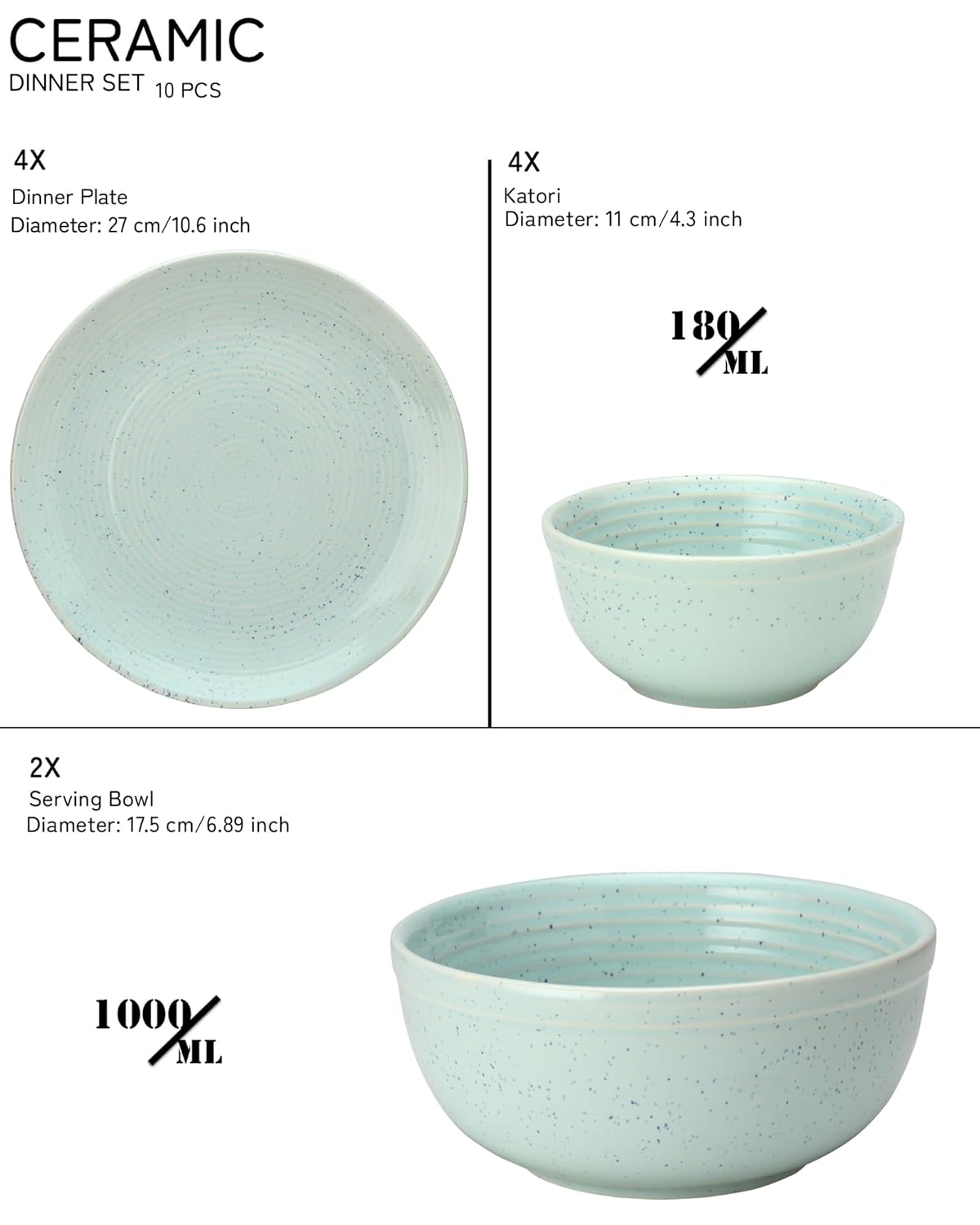 Handcrafted Ceramic Stoneware Dinner Set Of 10 Pcs With Serving Bowl Set - Mint Green | 4 Dinner Plates, 10.6 Inch Each + 4 Salad Bowl, 180ml Each+ 2 Serving Bowl, 1000ml Each