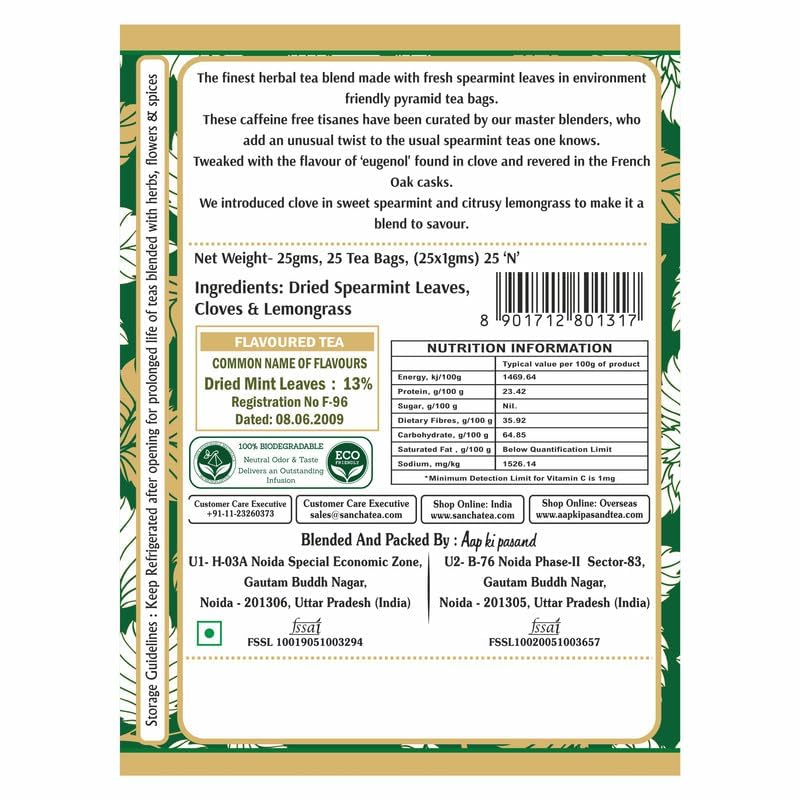 San-Cha Floral & Spicy Spearmint Herbal Tea - 25 Biodegradable Herbal Tea Bags | Herbal Tea For PCOS & PCOD - Eases Stomach Pain & Bloating | Caffeine Free
