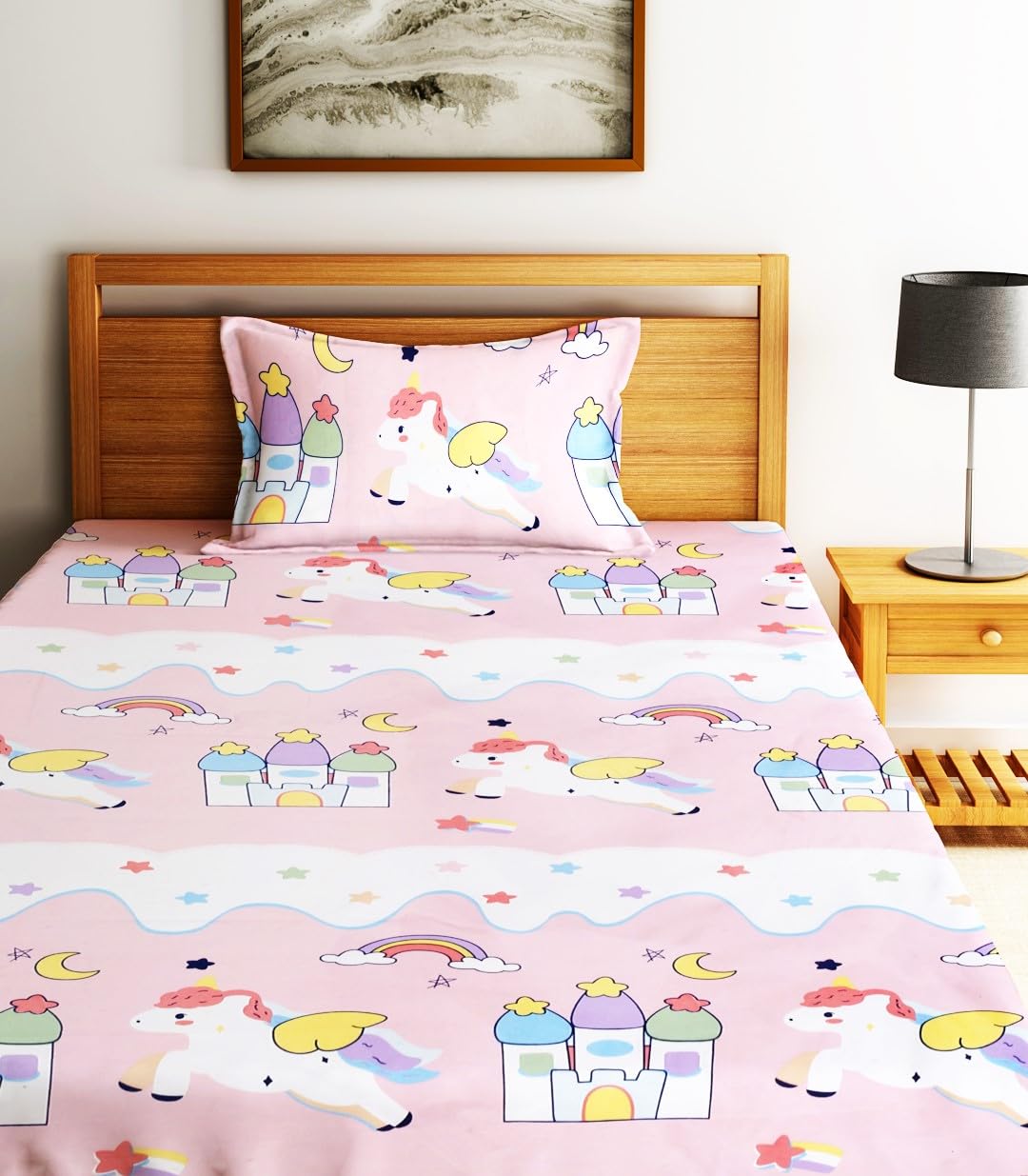 Kids Unicorn Single Bedsheet With 1 Pillow Cover - 55 X 86 Inches, Baby Pink | Durable, Long Lasting Fabric | Soft To Touch And Comfortable