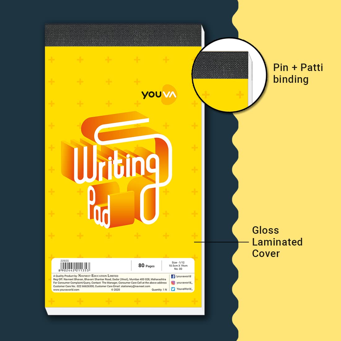 Patti Bound, Writing Pad, 10.5x19 Cm, Single Line For Everyday Use (Yellow) 80 Pages, Pack Of 5