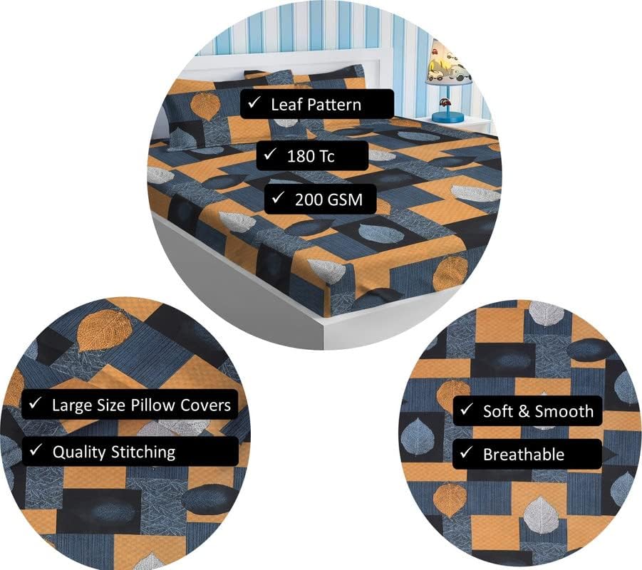 Printed Double Bedsheet King Size With 2 Matching Pillow Cover - 72 X 78 Inches, Multicolor | Super Soft Premium Brushed Glace Cotton Bedsheet, Breathable & Wrinkle Free