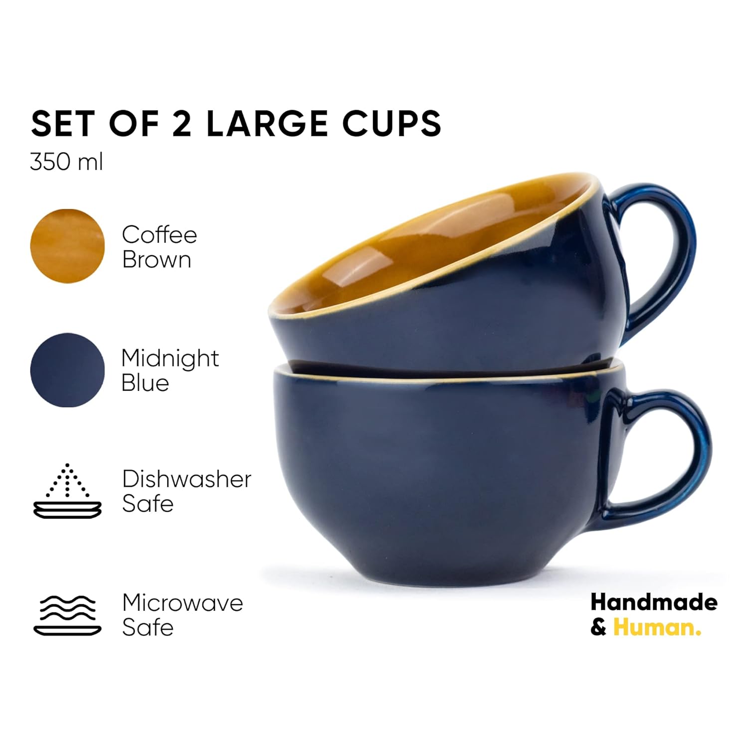 Large Ceramic Coffee Cup Set Of 2 - Midnight Blue, 350ml Each | Cappuccino Cup With Glossy Finish - Large Ceramic Coffee Cup | Premium Stoneware Coffee Cup - Microwave Safe, XL Cuppa