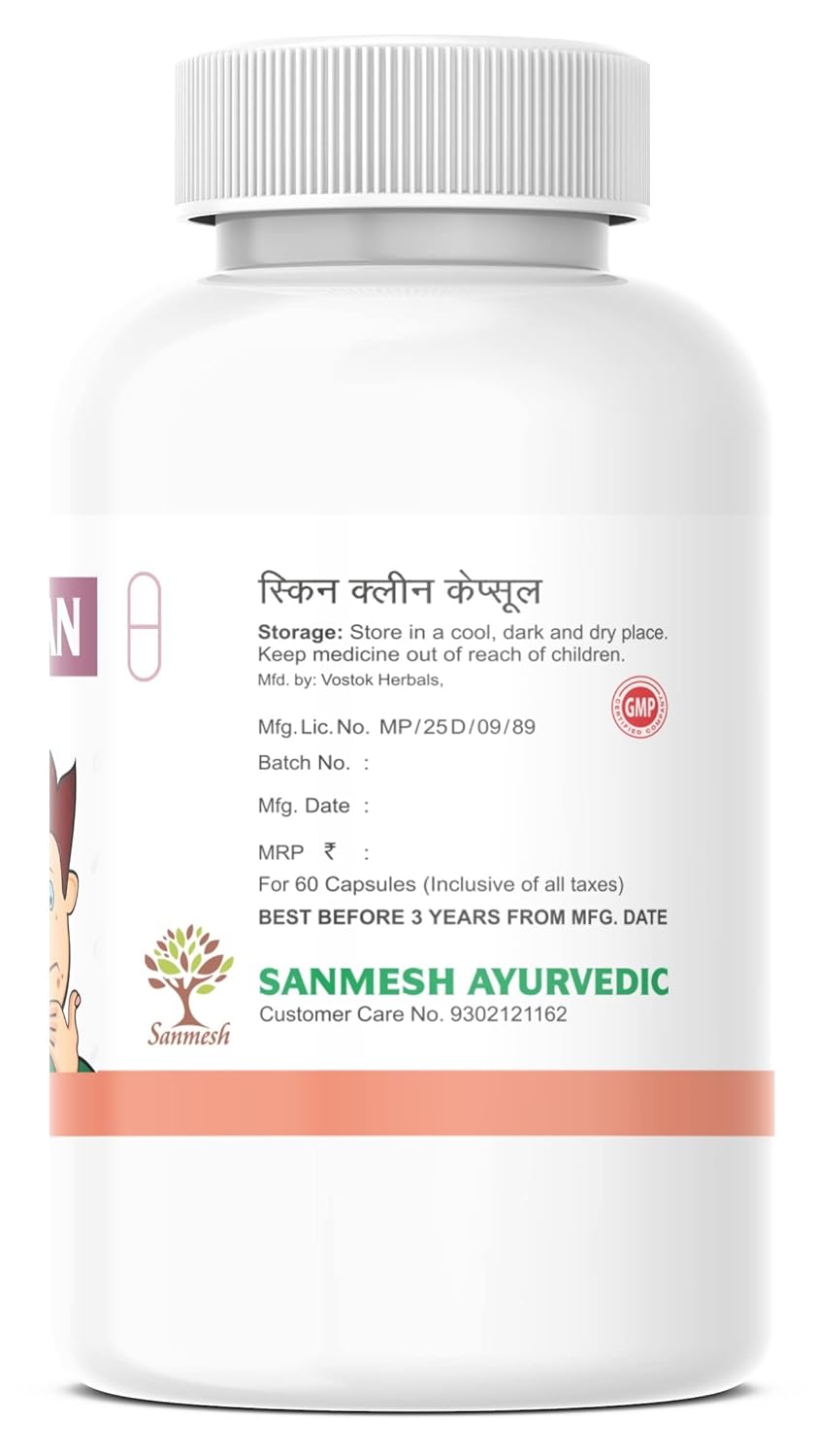 Sanmesh Ayurvedic's Skin Clean Herbal Capsules Enriched With Mahamanjishtadhi Quath, Tulsi, Neem, Haldi, Giloy & Triphala 12 Ingredients For Pimples, Acne, Warts & Rashes | 60 Capules 100gm 0.2lbs
