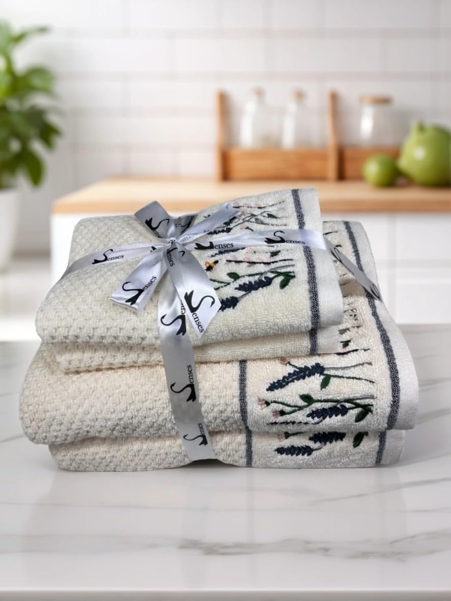 Senses By Riba All Cotton 550 Gsm Embroidered Bath Towel Set - Pack Of 4 (Style 18)