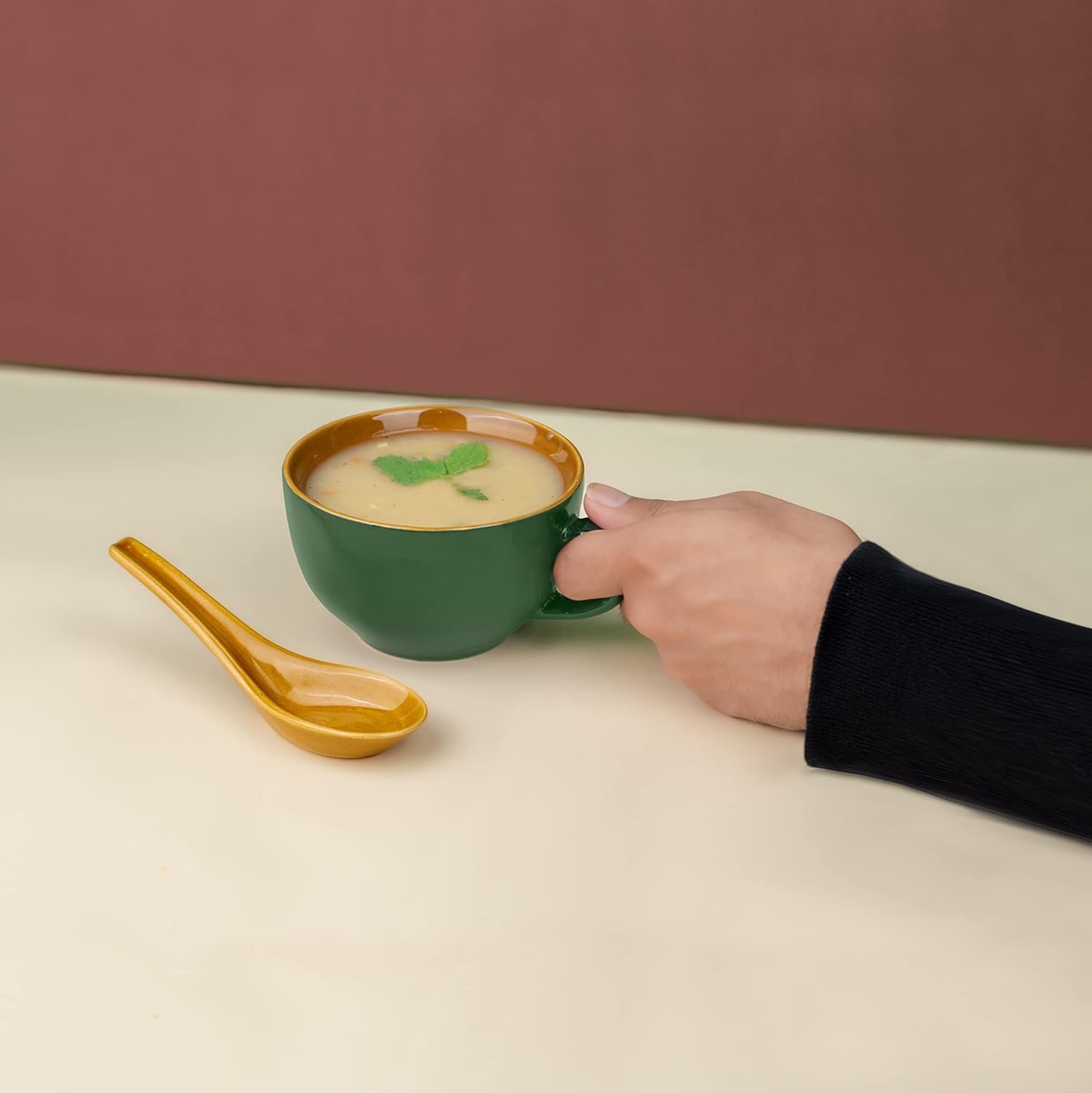 Ceramic Soup Bowl Set With Spoon Set Of 2 - Chrome Green, 350ml Each | 2 Soup Bowls + 2 Soup Spoons - Soup Mug, Soup Cup | Glossy Finish Ceramic Soup Bowls - Microwave Safe & Dishwasher Safe