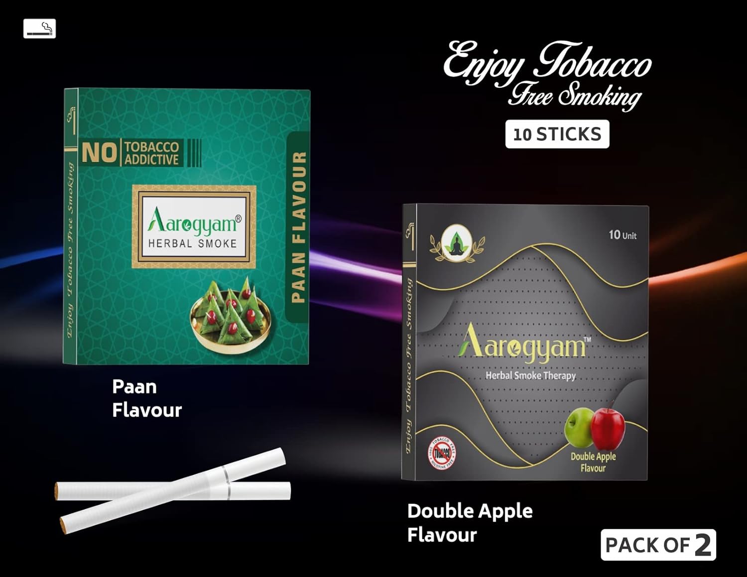 Double Apple & Paan Flavored Cigarette For Relieve Stress & Mood Enhance - 10 Sticks X 2 Packets - No Bad Smell, Non Addictive, No Harmful - Tobacco & Nicotine Free