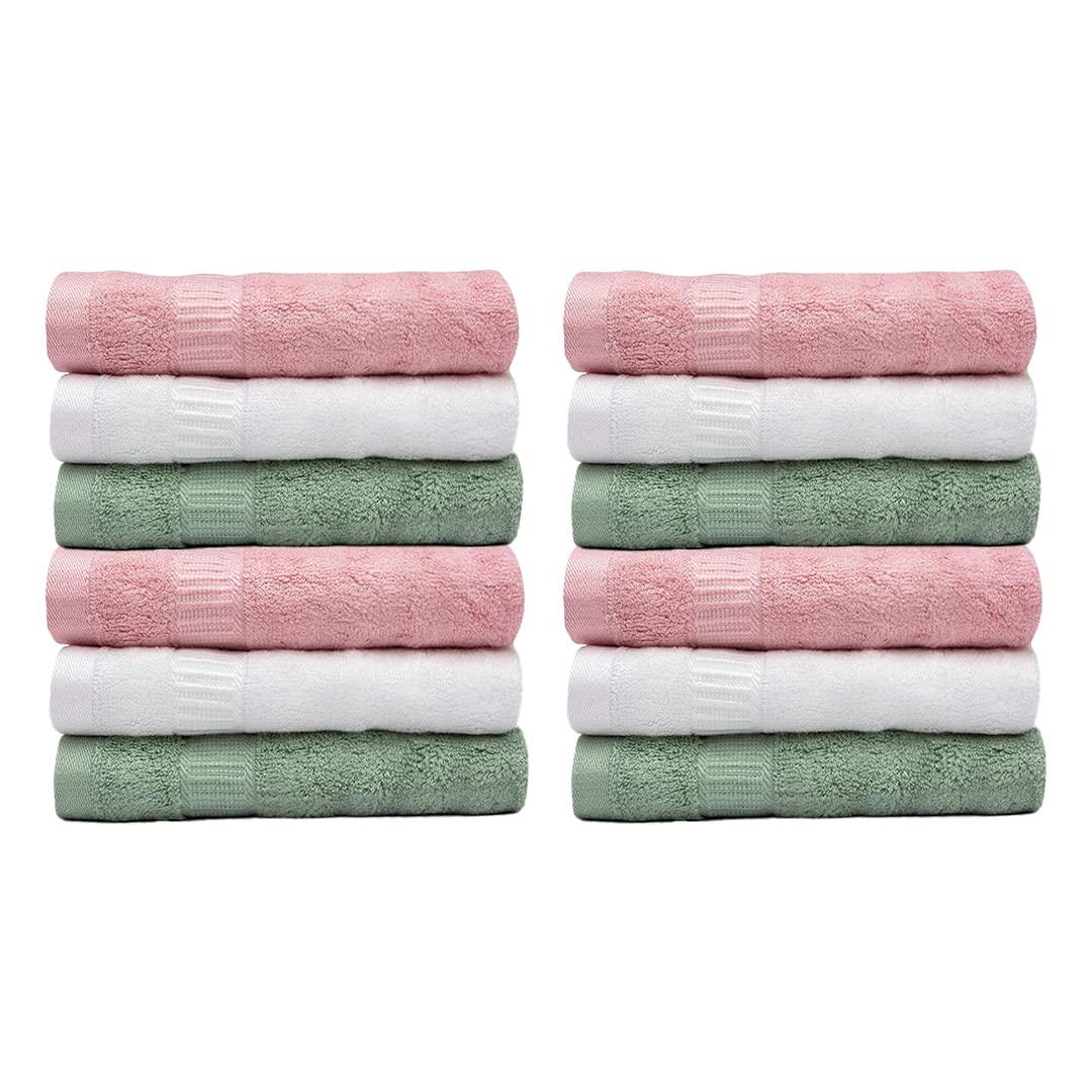 Mush 100% Bamboo Face Towel 2400 Gsm | Ultra Soft, Absorbent, Quick Dry Towels For Facewash, Gym, Pool, Sports, & Travel - Green, Pink & White (Pack Of 12)